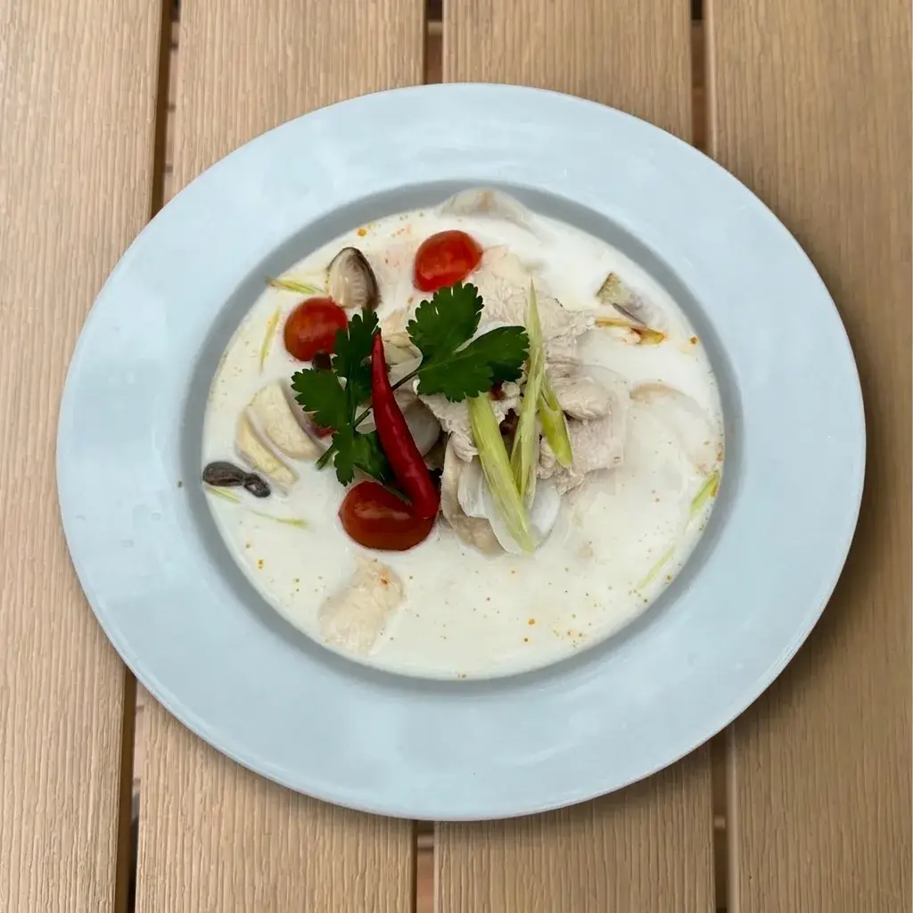 Chicken Coconut Soup (Tom Kha Kai) — Thai Flavors at Thongyib Thongyod Brunch & Cafe, Ao Nang