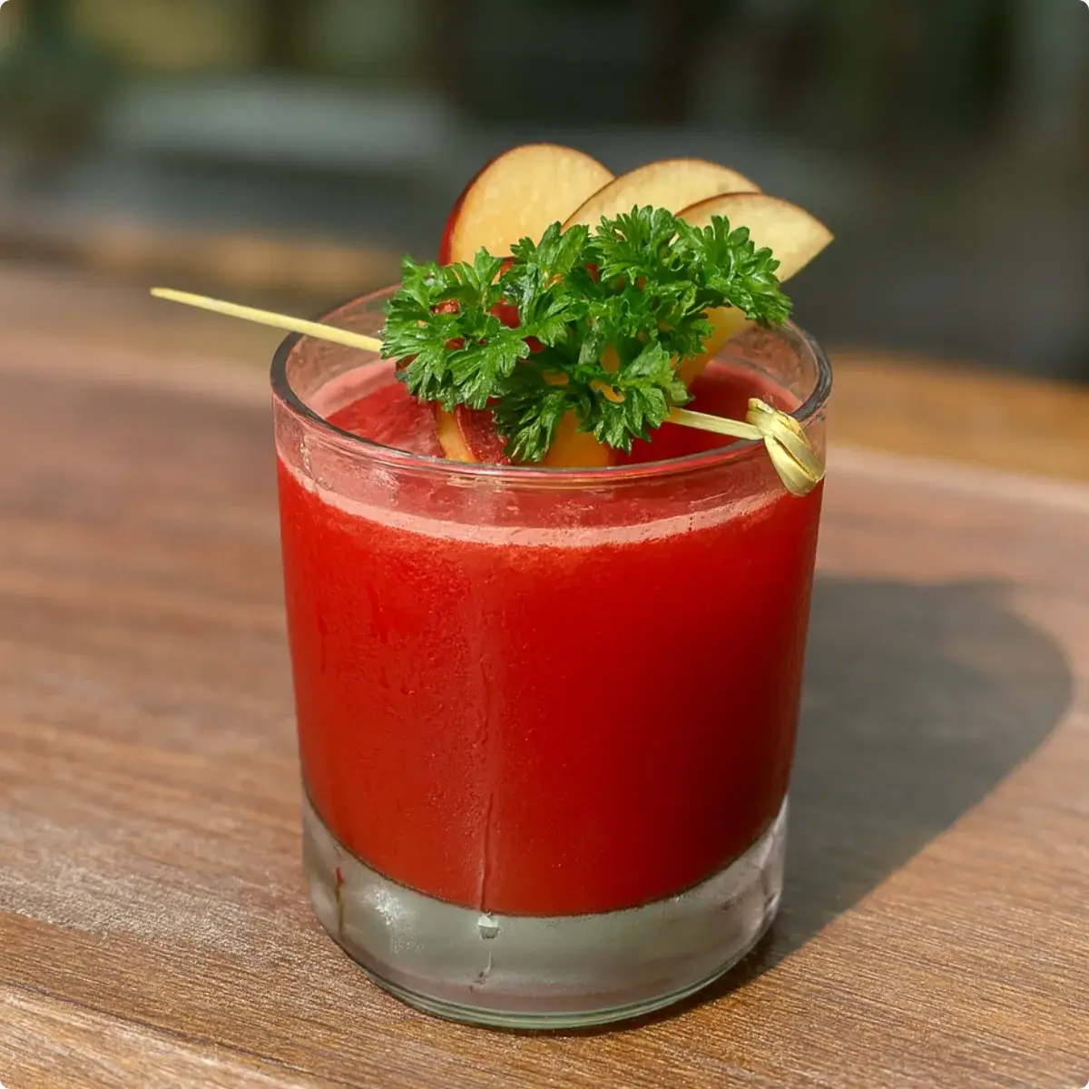 Bottles of fresh cold-pressed juice in bright orange, red and green on a wooden table