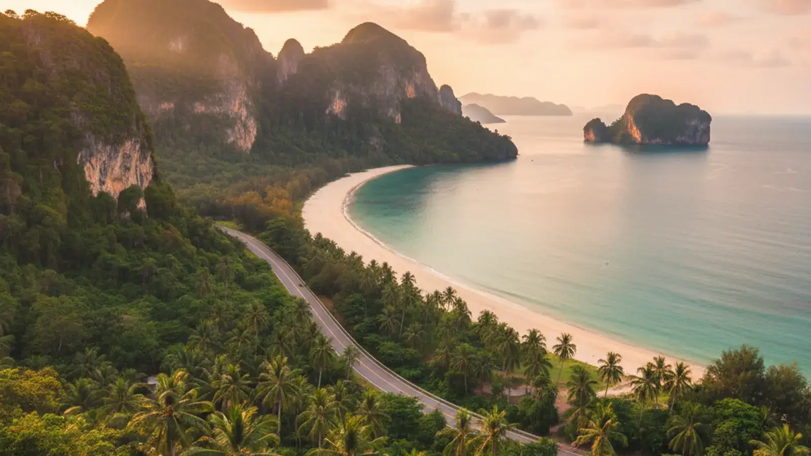 View over Ao Nang bay at sunset from a hillside, with longtail boats below and limestone karsts on the horizon