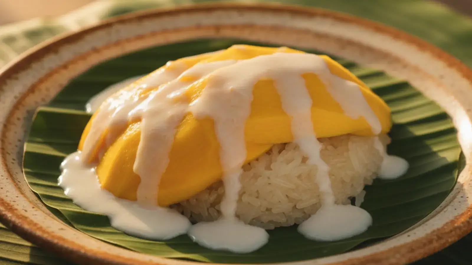 A plate of golden nam dok mai mango slices beside coconut-glazed sticky rice, with salted coconut cream being spooned over the top