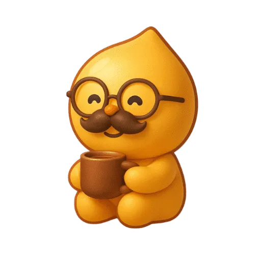 Nong Thongyod, the golden drop mascot of the cafe, holding a coffee cup
