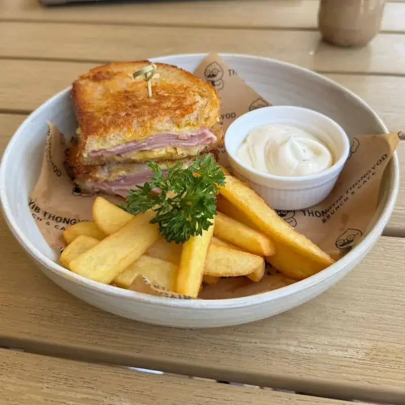 A pressed sandwich with a side of golden fries, ready to take away at Thongyib Thongyod