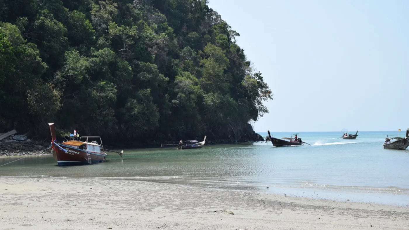 Longtail boats resting on the sand of a quiet Ao Nang cove, a forested limestone headland rising behind them